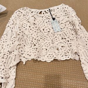 Crochet Lace Long-Sleeve Crop Top - Cream